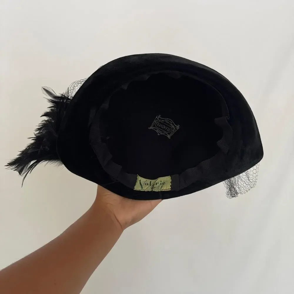 Vtg 1950s valerie modes crescent fascinator hat black feathers birdcage veil